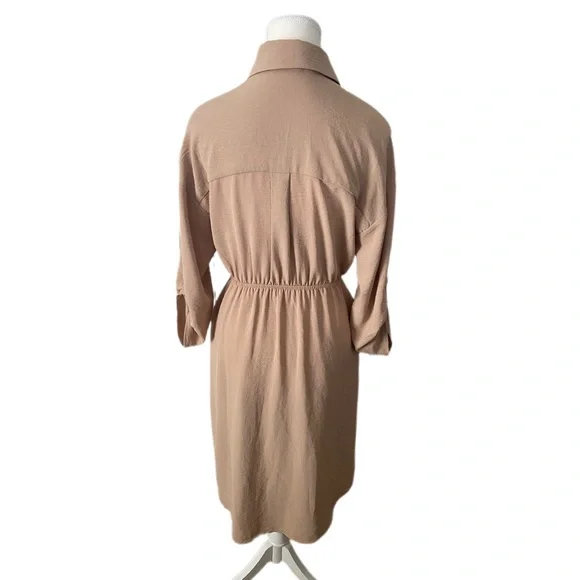 Monteau Crinkle Shirt Dress Tan Knee Length Roll Tab 3/4 Sleeves Size Small - Picture 2 of 14